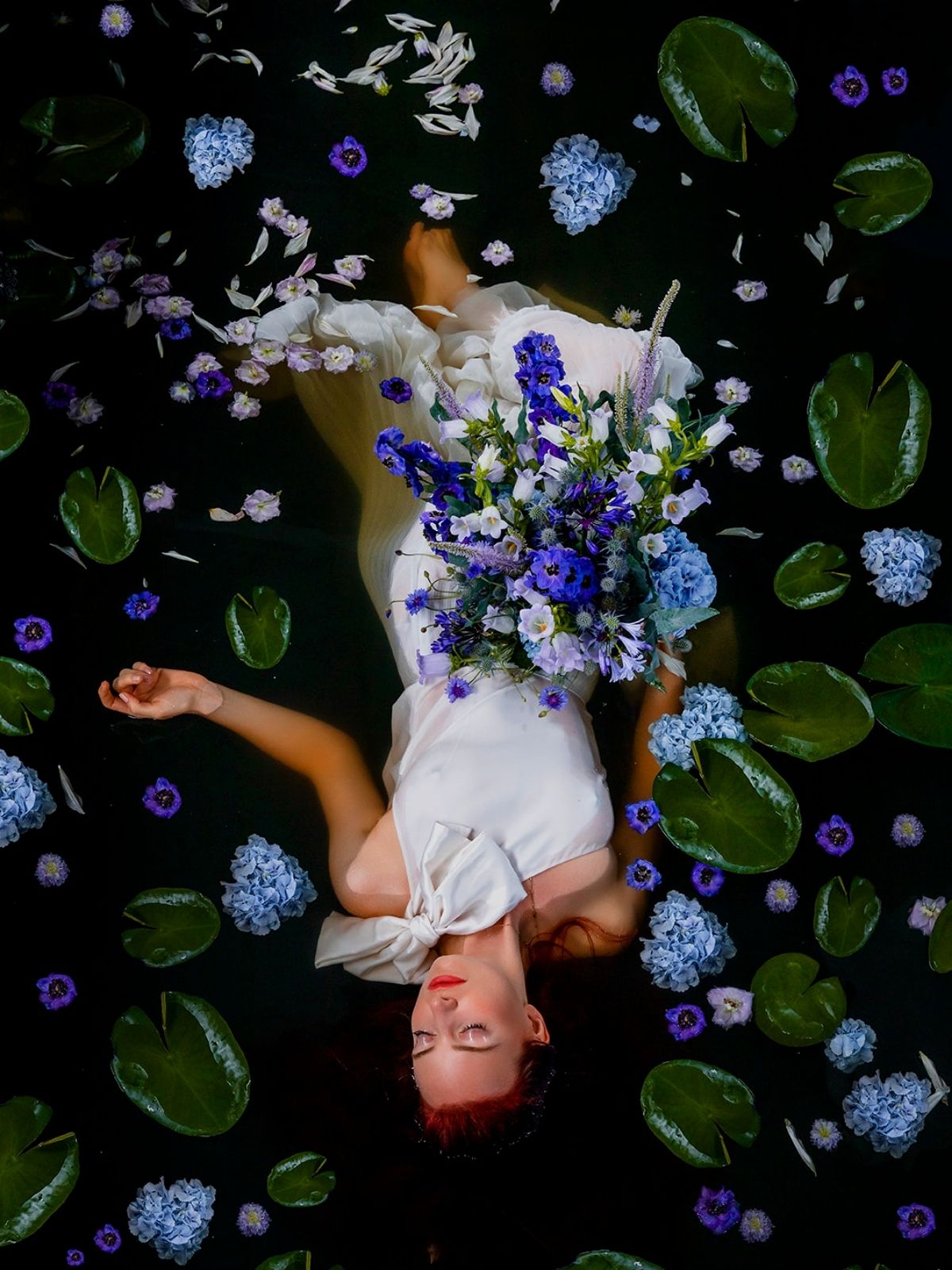 Ophelia - Josefien Goethals on Thursd - Blue Hydrangea and model in water