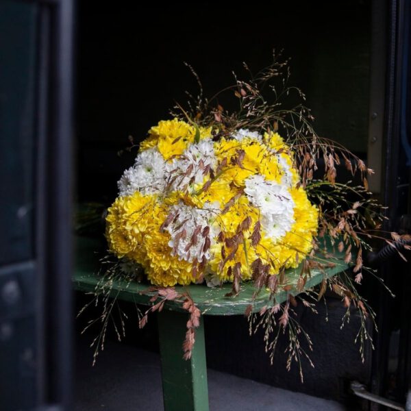 Branding of the Pina Colada Chrystanthemum yellow white arrangement