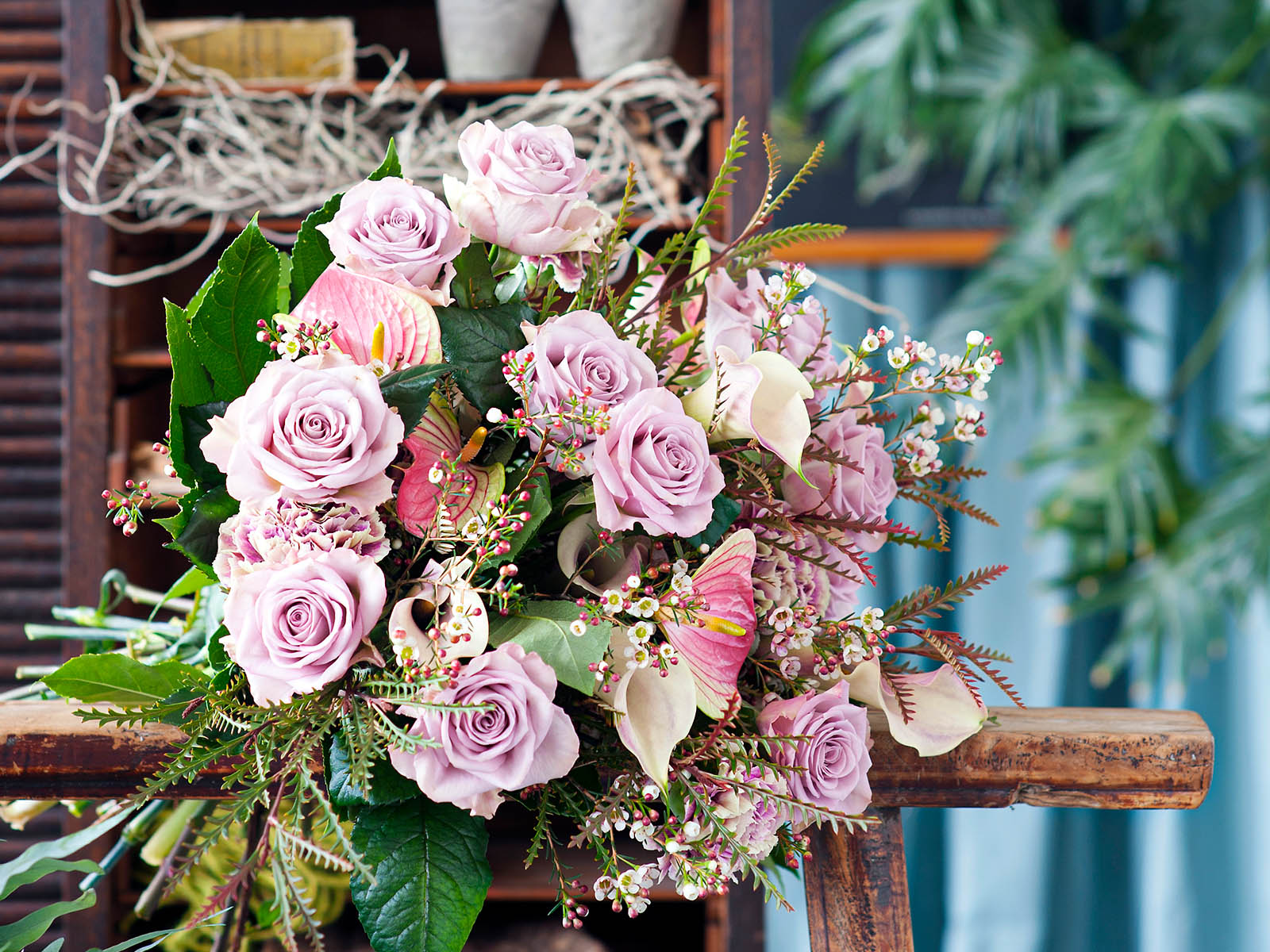 Pink Rose bouquet with waxflowers