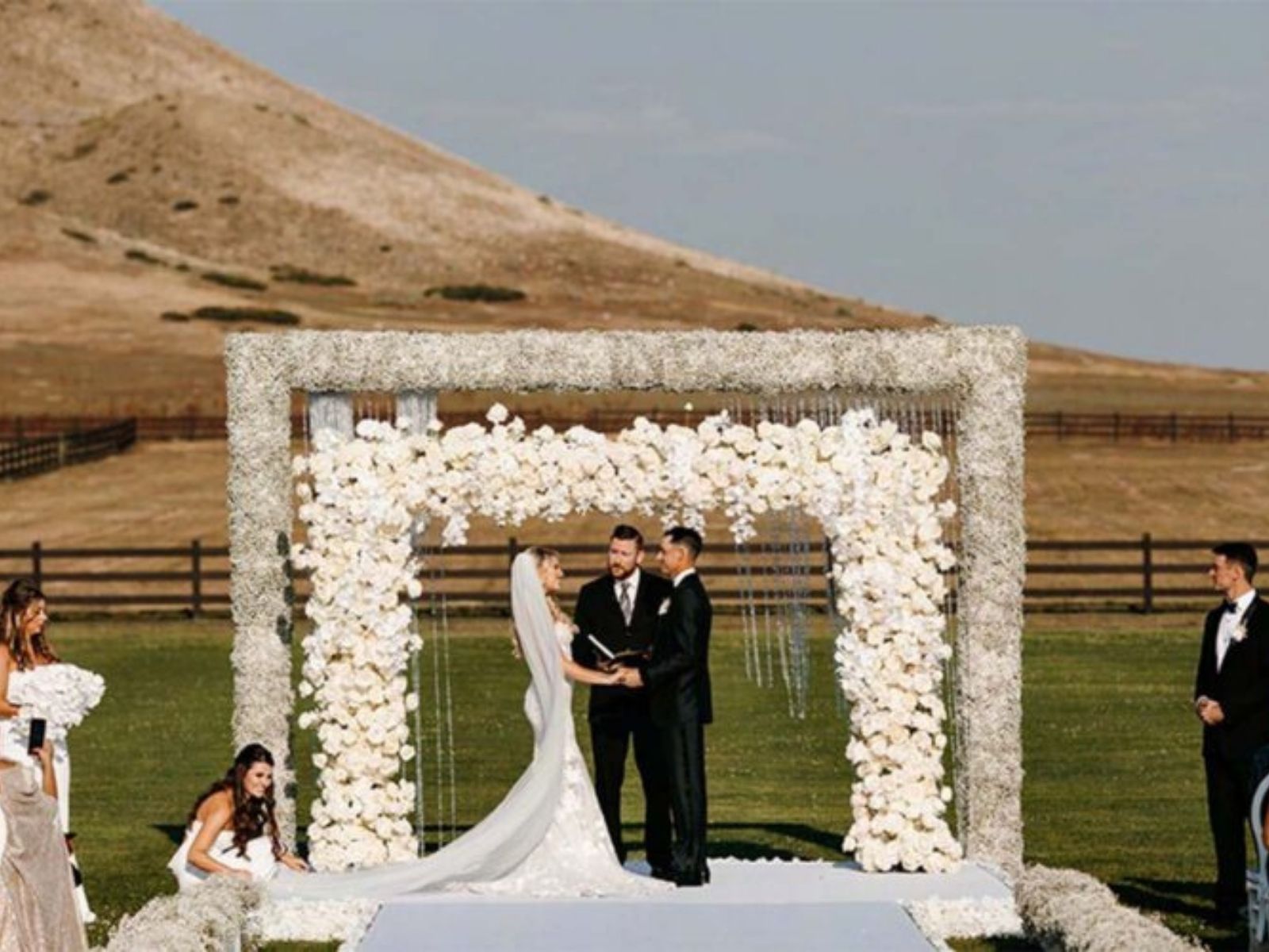 White backdrop wedding - countryside wedding ceremony - The Olive & Poppy - florists review on thursd