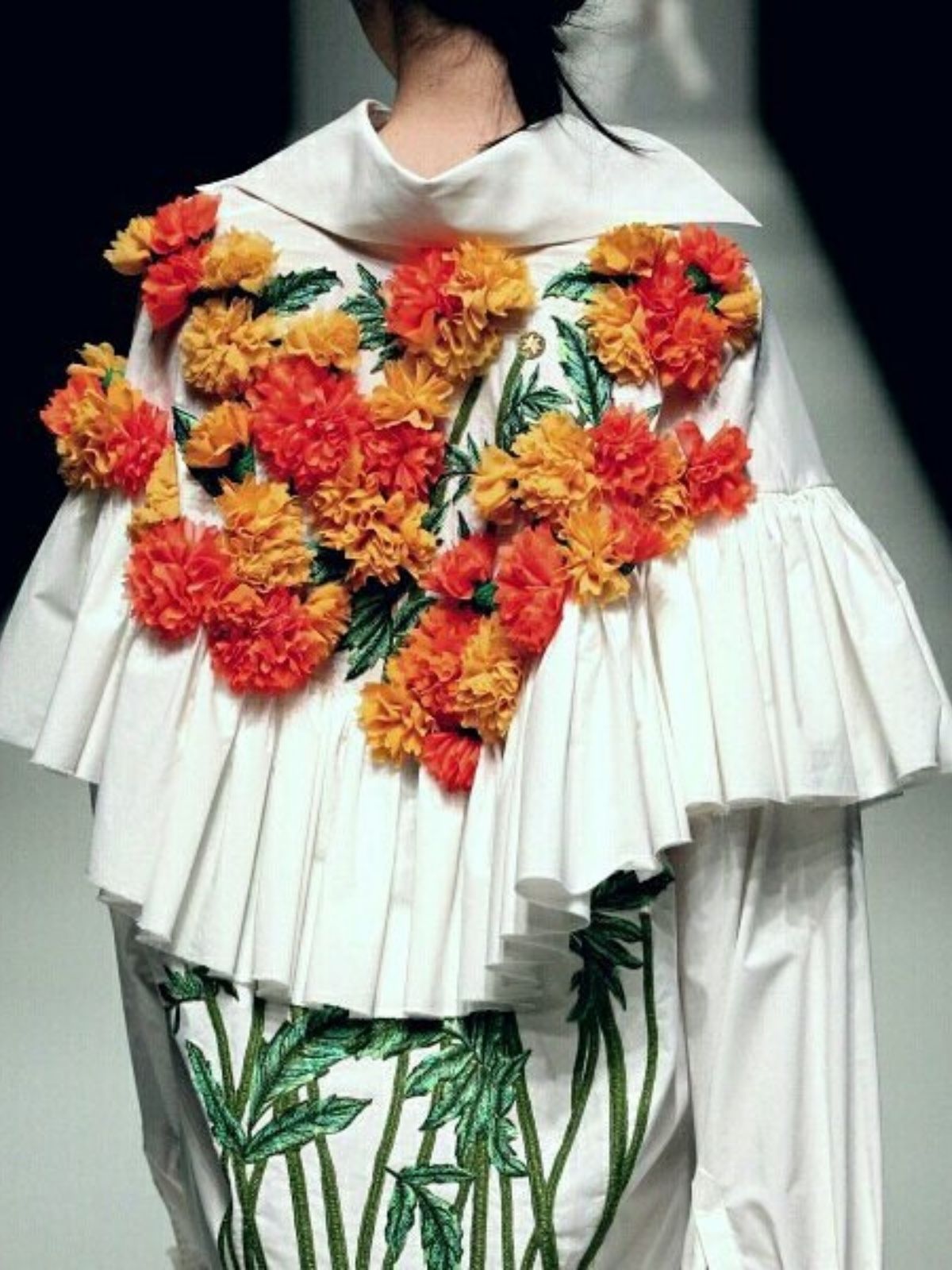 marigolds embroided on white dress - flowers on couture - nguyen cong tri on thursd