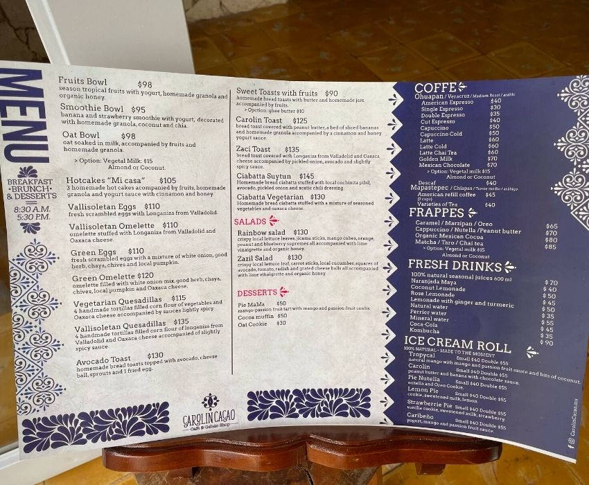 Carolin Cacao Cafe & Gelato Menu May 2022