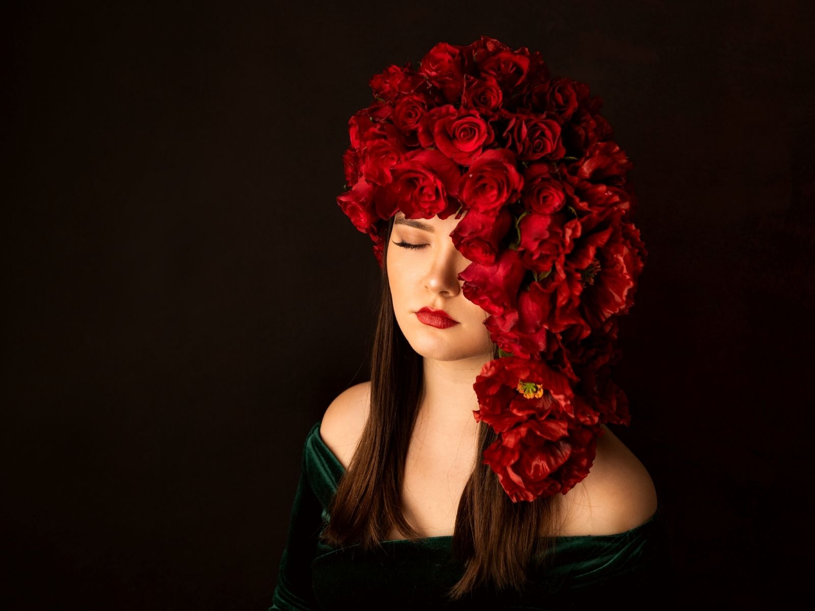 Model wearing a headpiece with Red Tacazzi+ Roses in a blog by Anna Lamot-Bach - on Thursd