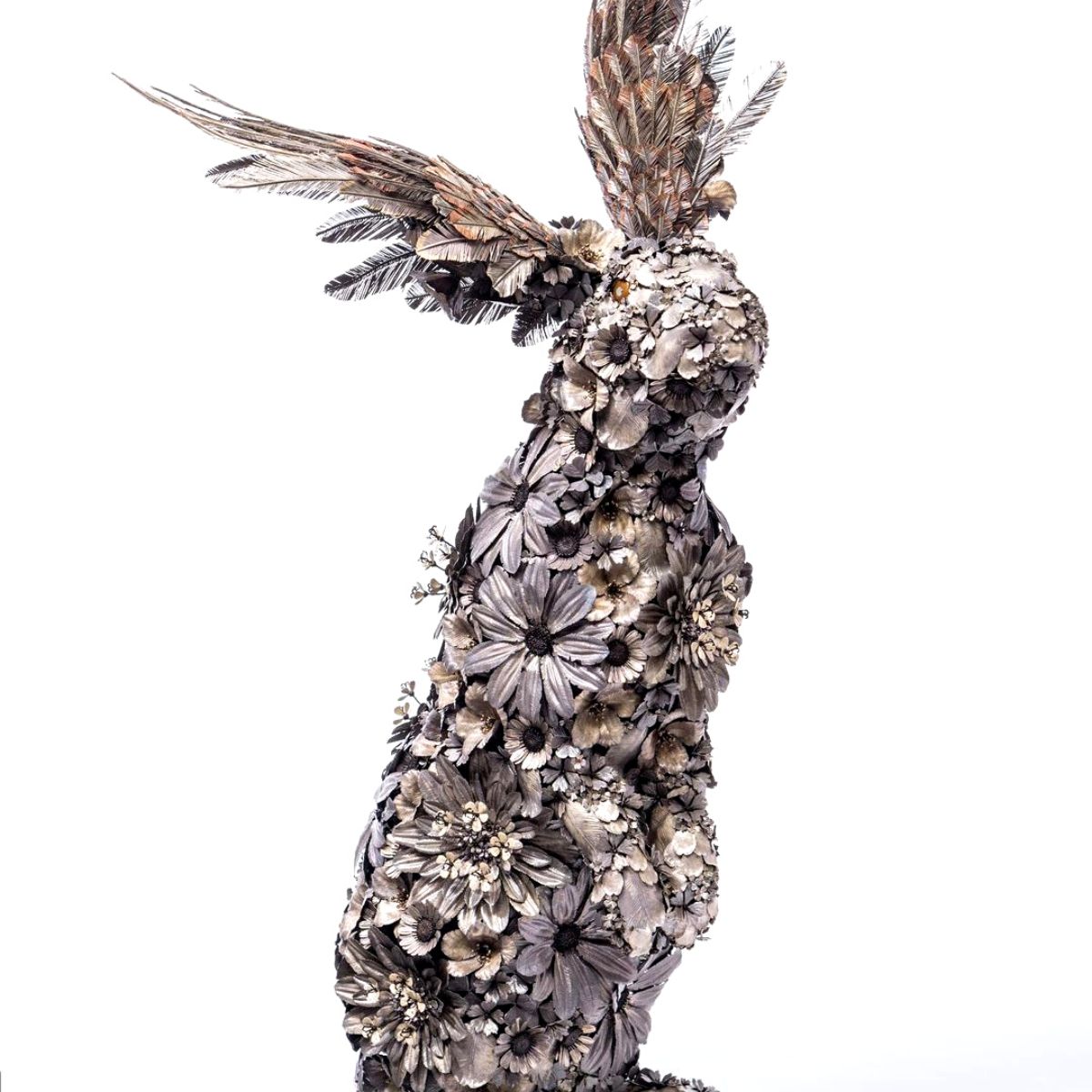 Animal sculptures made from metallic flowers rabbit featured  on Thursd 