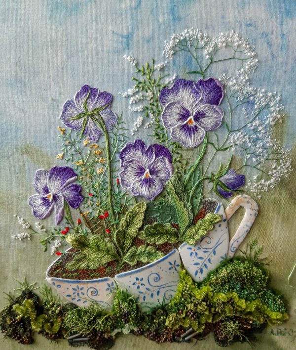 Rosa Andreeva’s Exquisite Embroideries Bring Flowers To Life - violets from teacup - on thursd