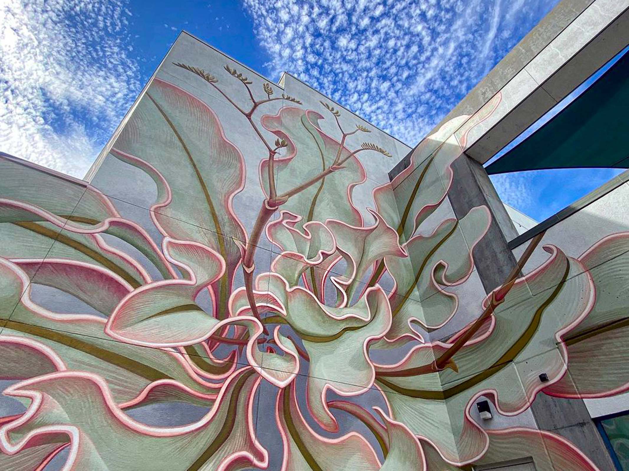 Mona Caron Branches Flower Mural on a Building wide feature