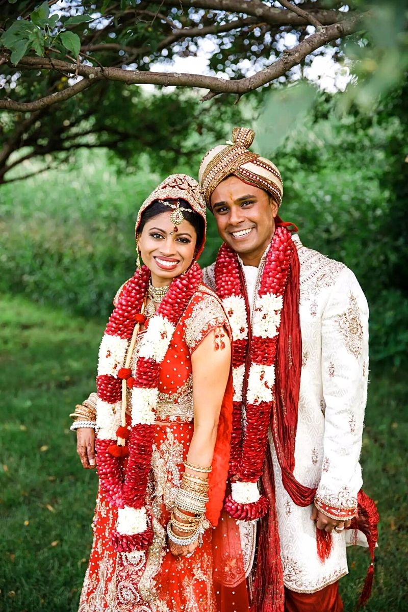 Colorful Indian garland placed around newlyweds' necks on Thursd