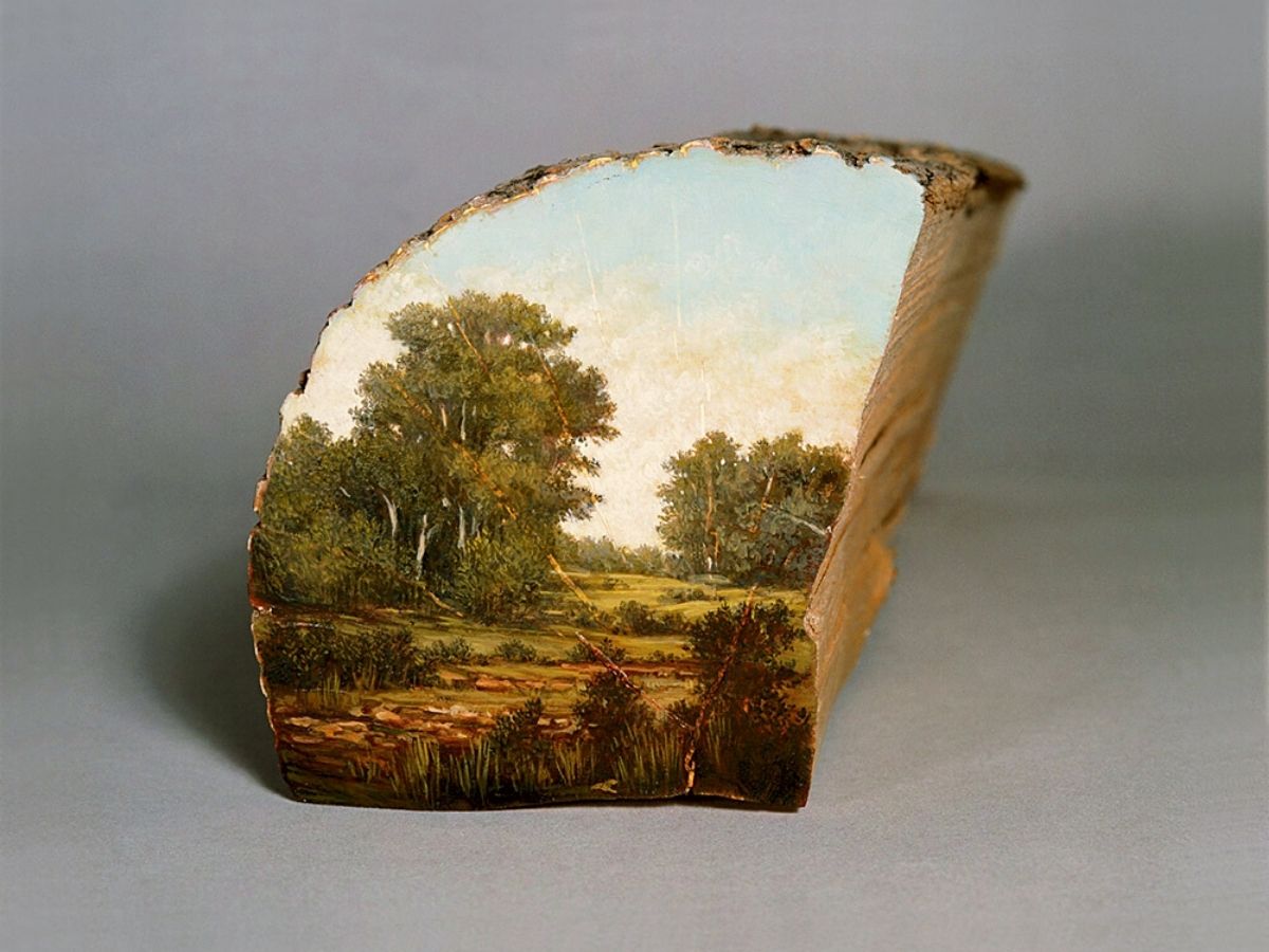 Alison Mortisugu and her famous landscapes painted on cut logs