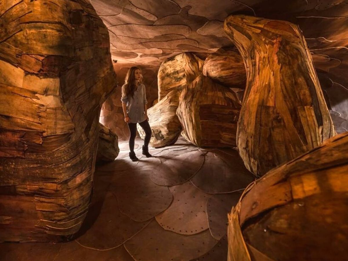 Inside of multisensory wooden cave created by Henrique Oliveira on Thursd