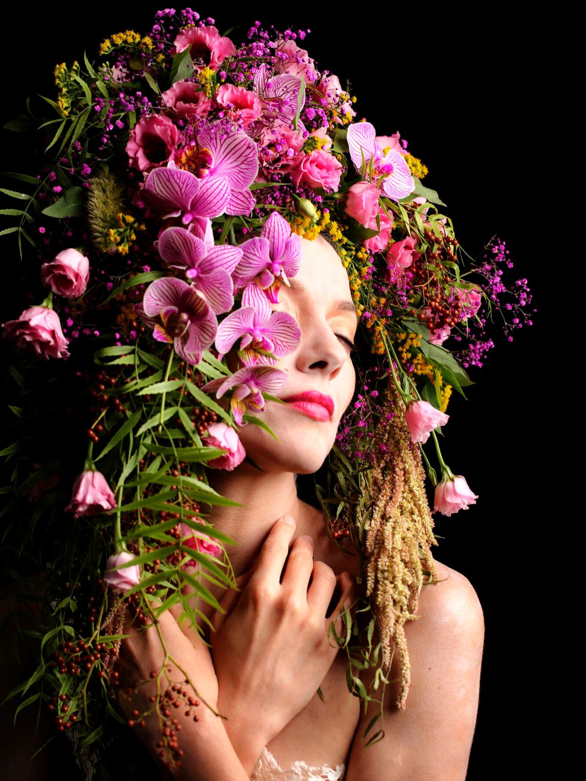 Floral Headpiece With Phalaenopsis and Lisianthus, Mimosa and Gypso on Thursd