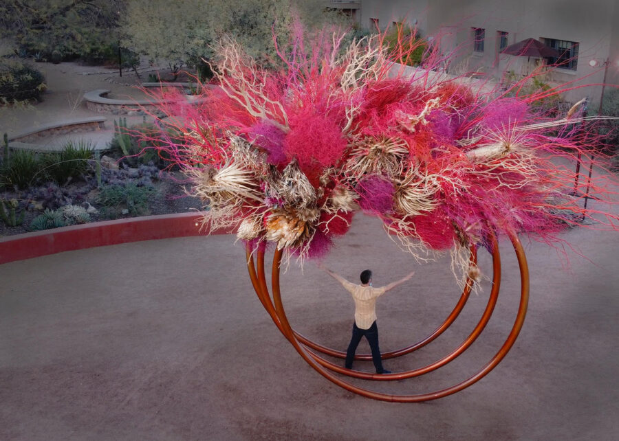 Floral Art Installation Inspired by the Emotion and Gesture of a Wind Storm - waterlilypond - installation and man - on thursd