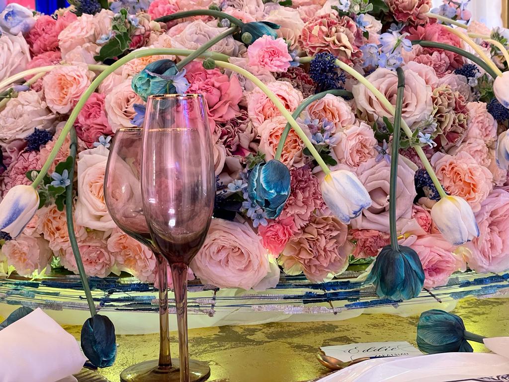 Table Center With Garden Roses and Dyed Blue Tulips on Thursd 