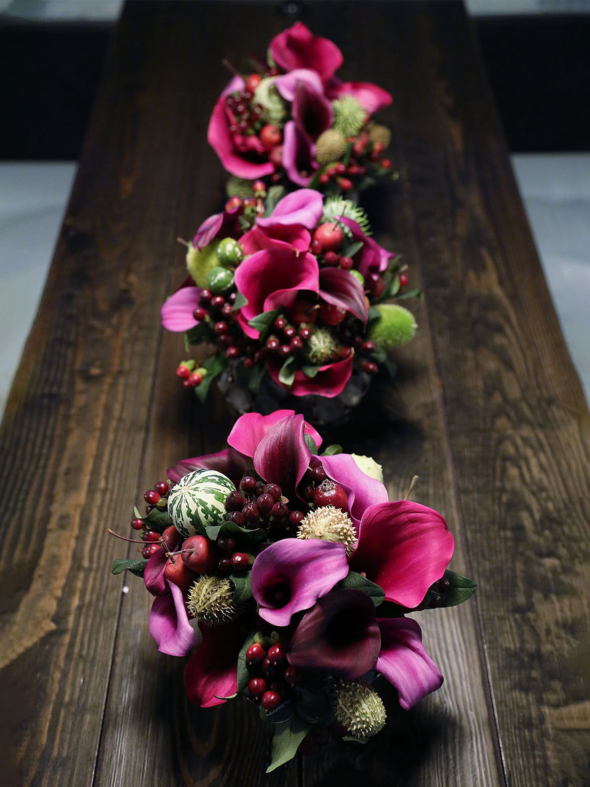 Purple calla bouquets on table for Christmas on Thursd