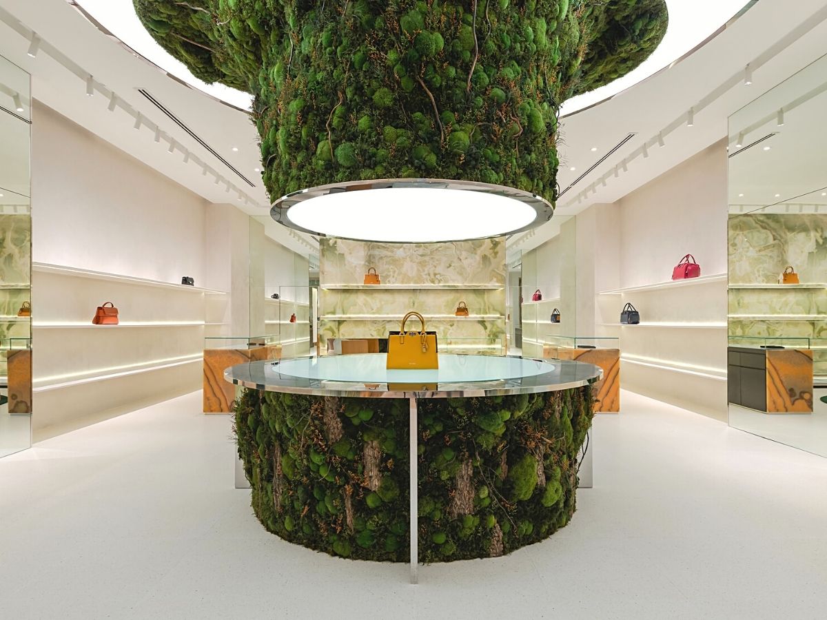 Moss covered biophilic installation in luxury bag store
