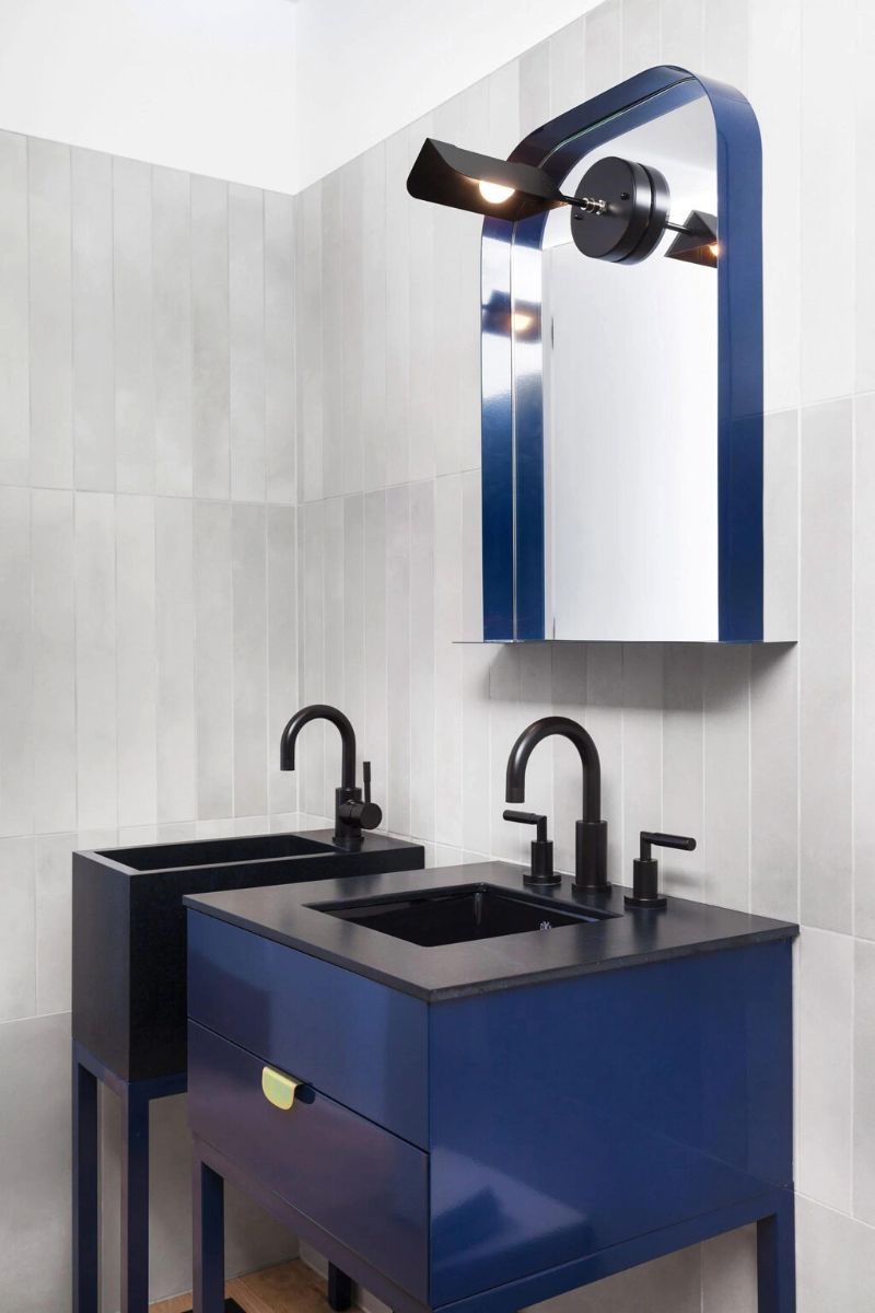 House Habitat 67 features gorgeous blue colors in bathroom