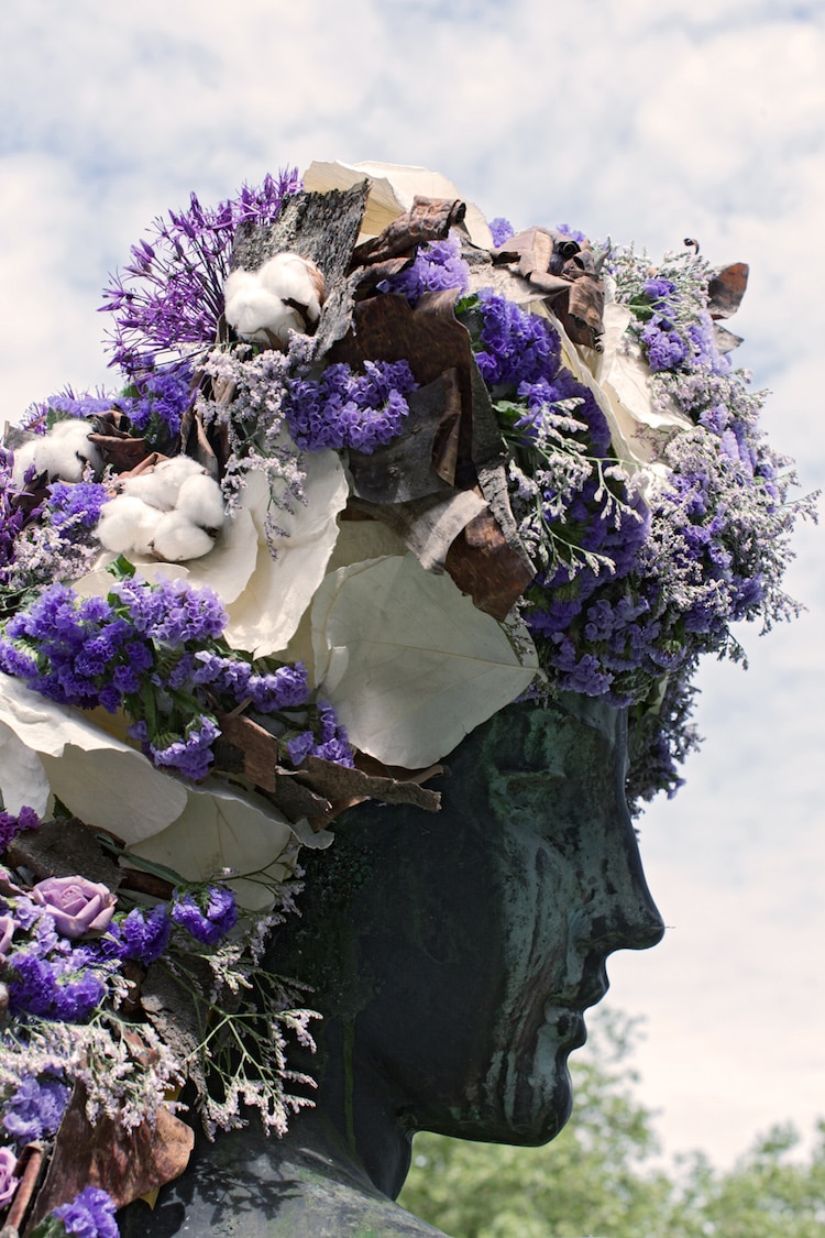 Florist Geoffroy Mottart Dresses Public Statues in Flowers Floral Hairdo