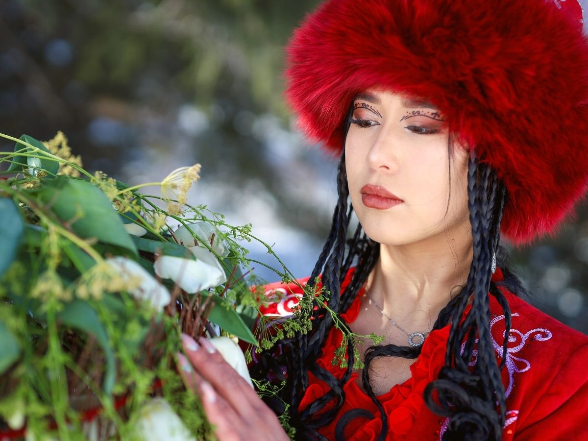 Inspiration for shoot was the snowy mountains with Kyrgyz clothes