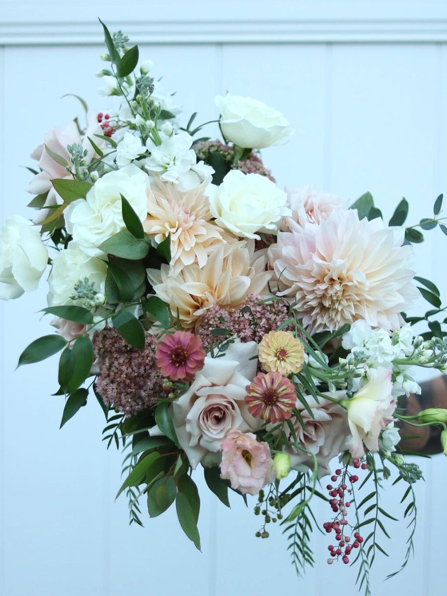Textured floral bouquets with various types of flowers