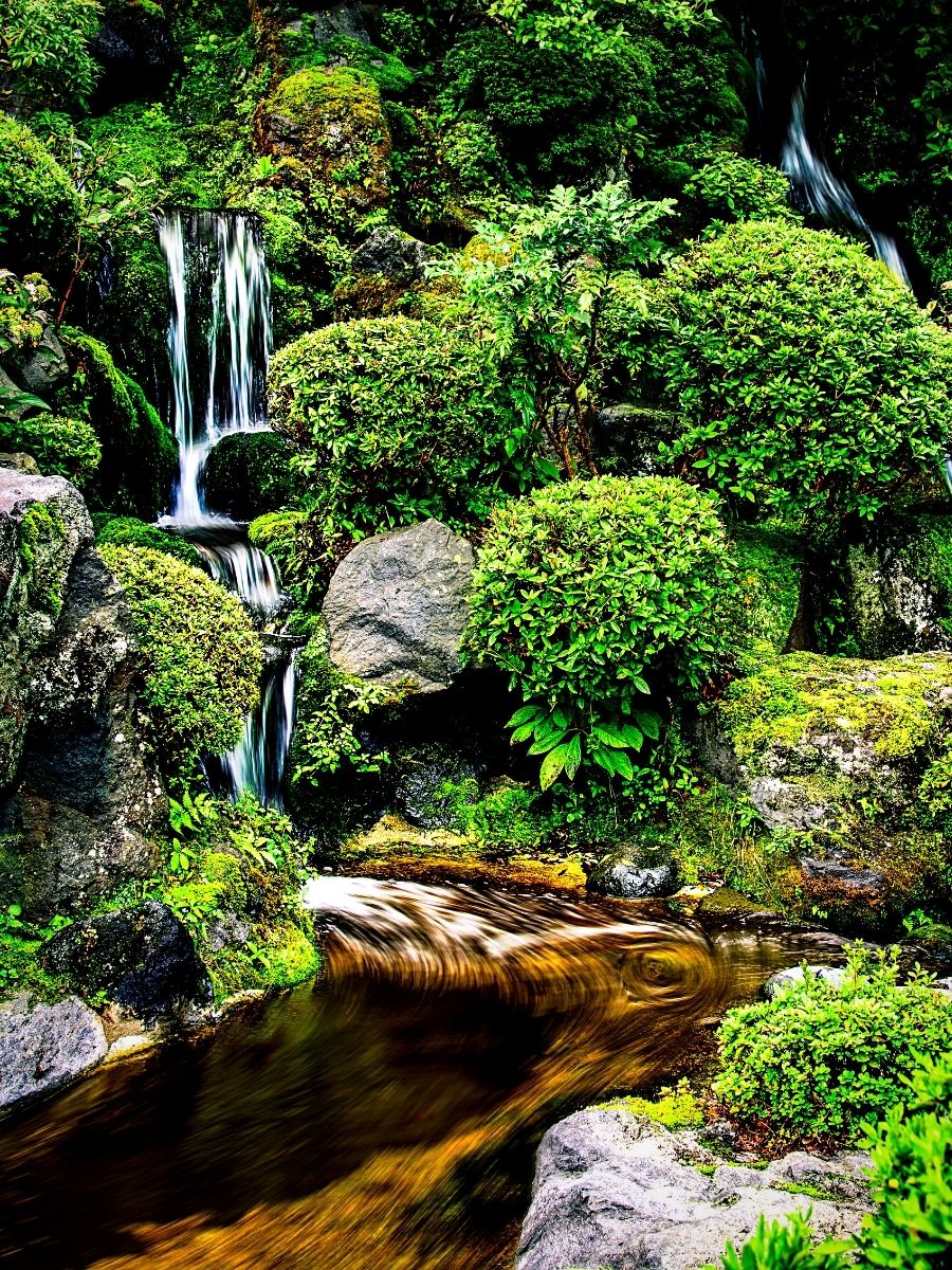 A rock garden with a mini waterfall