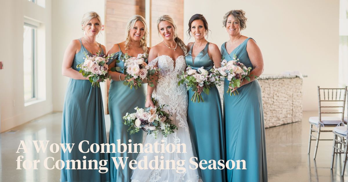 Jade Blue Bridesmaids Dresses With Blush Flower Combination by Fancy Florals Header