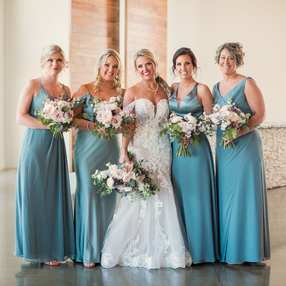 Featured Jade Blue Bridesmaids Dresses With Blush Flower Combination