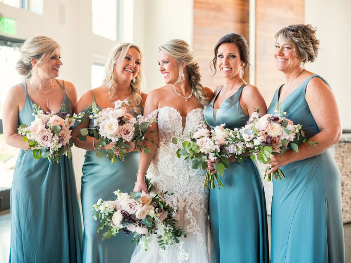 Jade Blue Bridesmaid Dresses With Blush Flowers