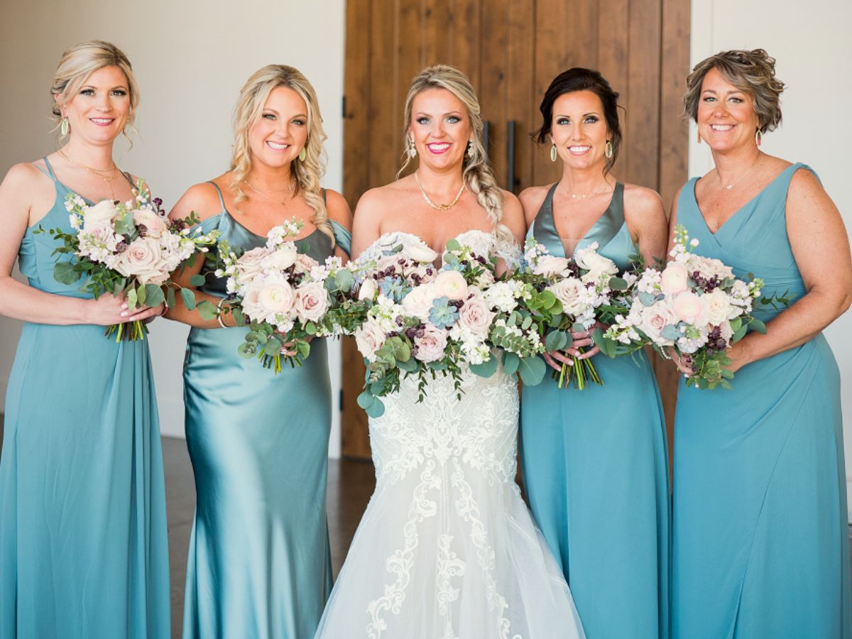 Jade Blue Bridesmaid Dresses With Blush Flowers Combined