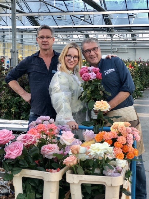 Floral Designer Katya Hutter (center) visiting rose breeder De Ruiter.