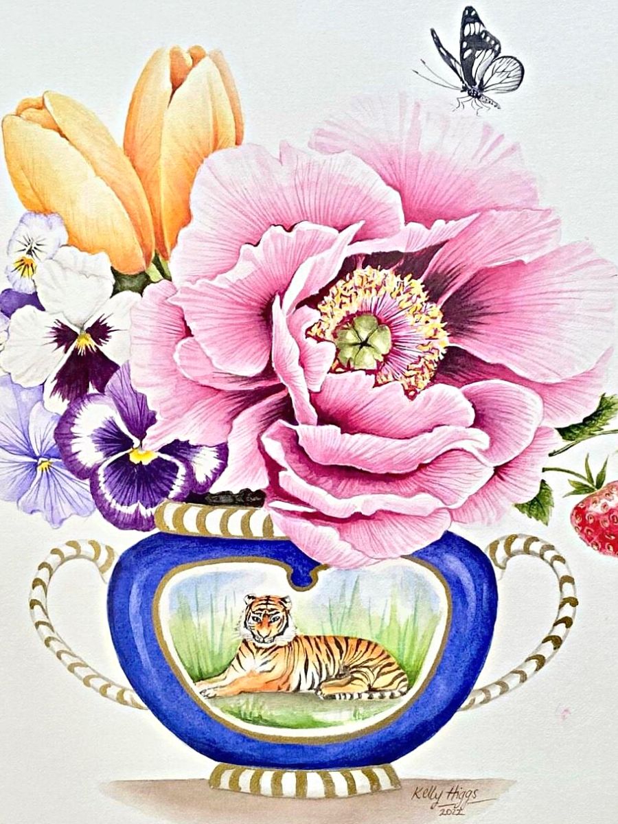 Peony with tiger chinoiserie