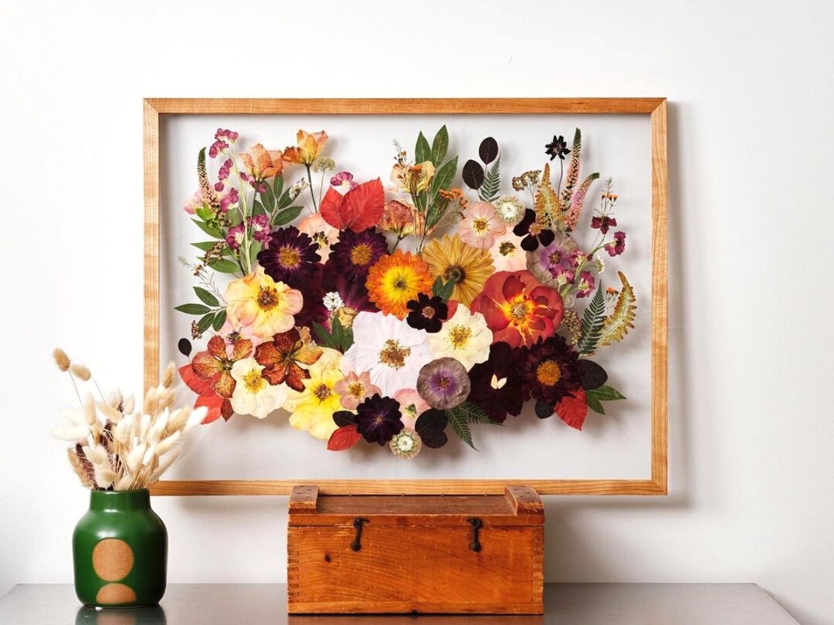 Autumn toned flowers in pressed glass