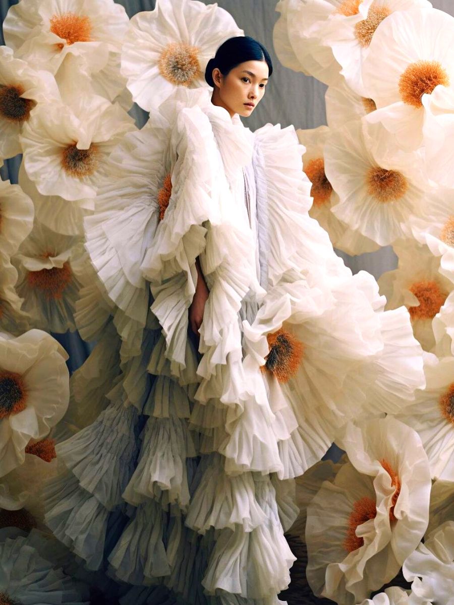 Girl in between huge white flowers