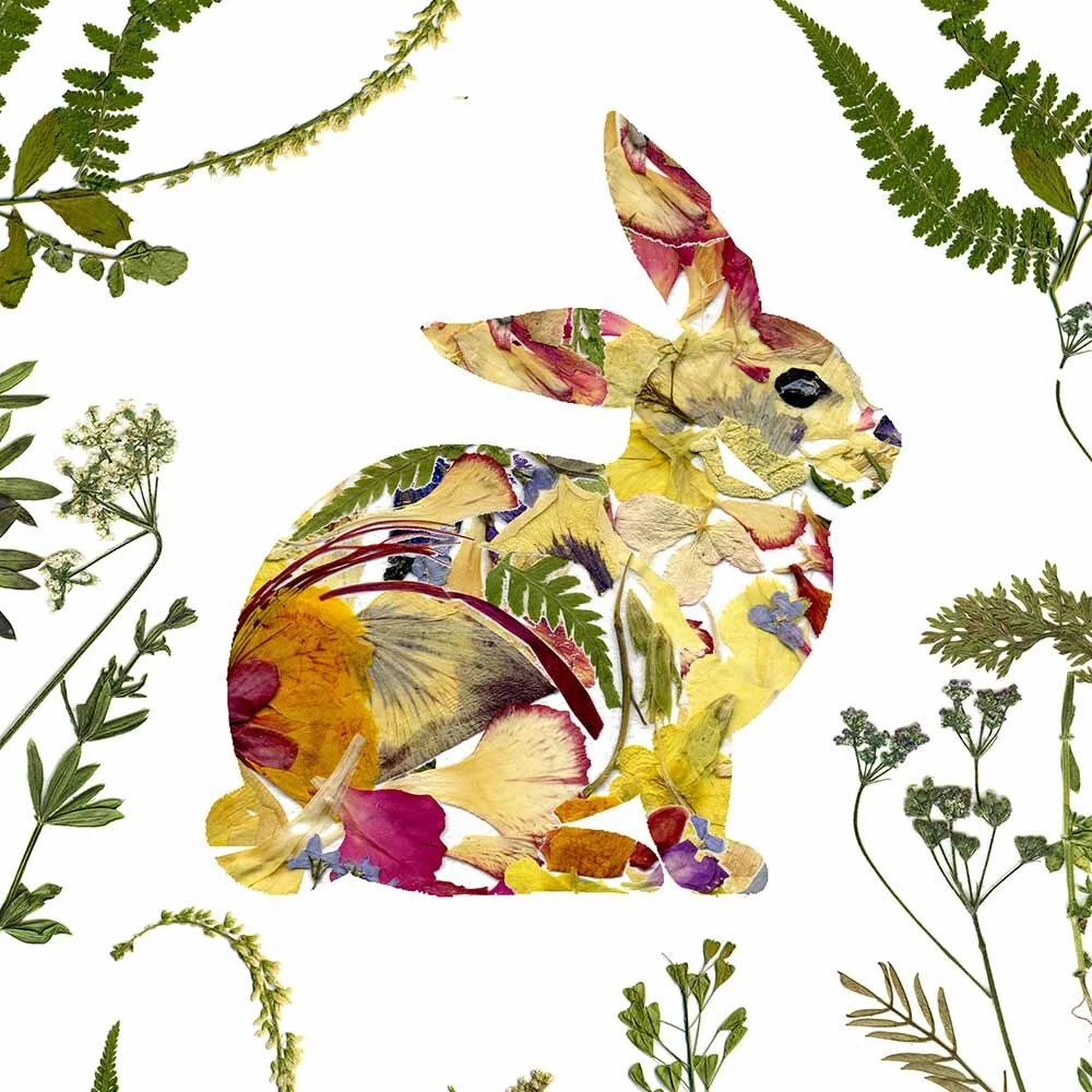 Rabbit art with pressed flowers