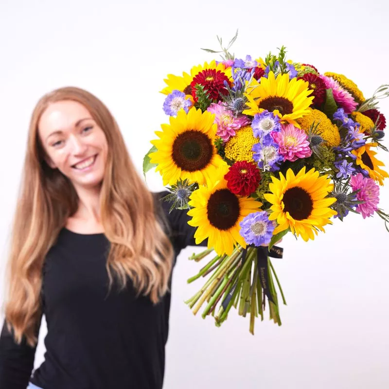 Happy girl featuring Bumblebee bouquet