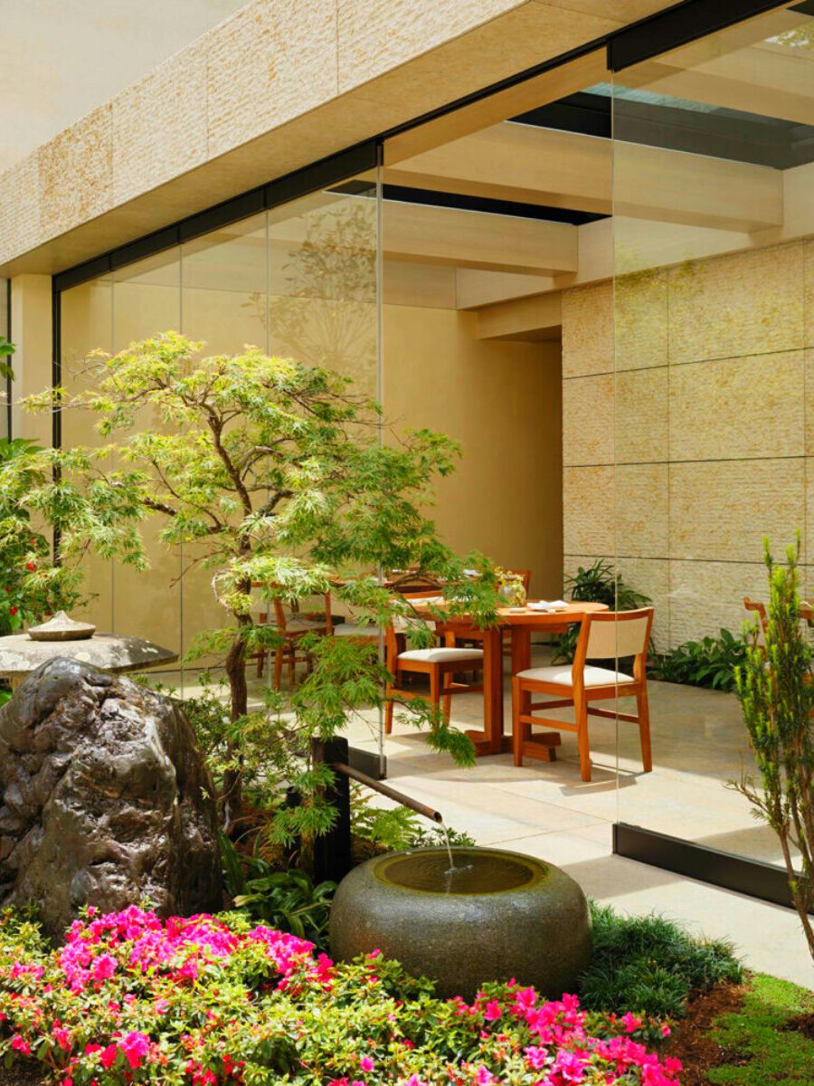 Japanese garden view from the inside of the restaurant