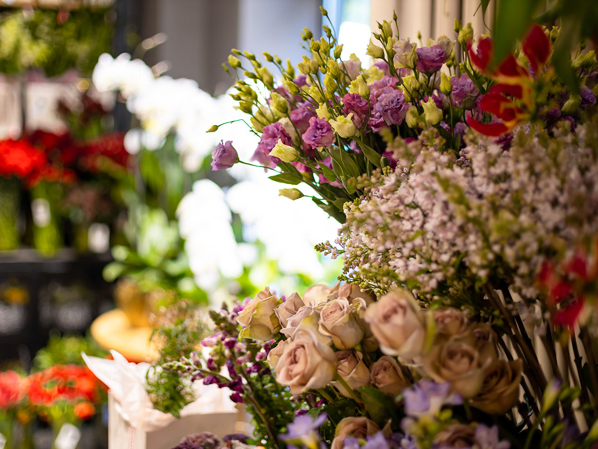 Flower shop with syringa and lisianthus Flower shop