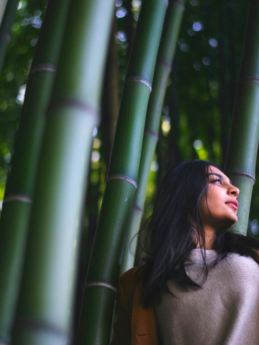 Long bamboos amidst girl in the background