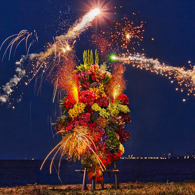 Botanical sculpture in between fireworks