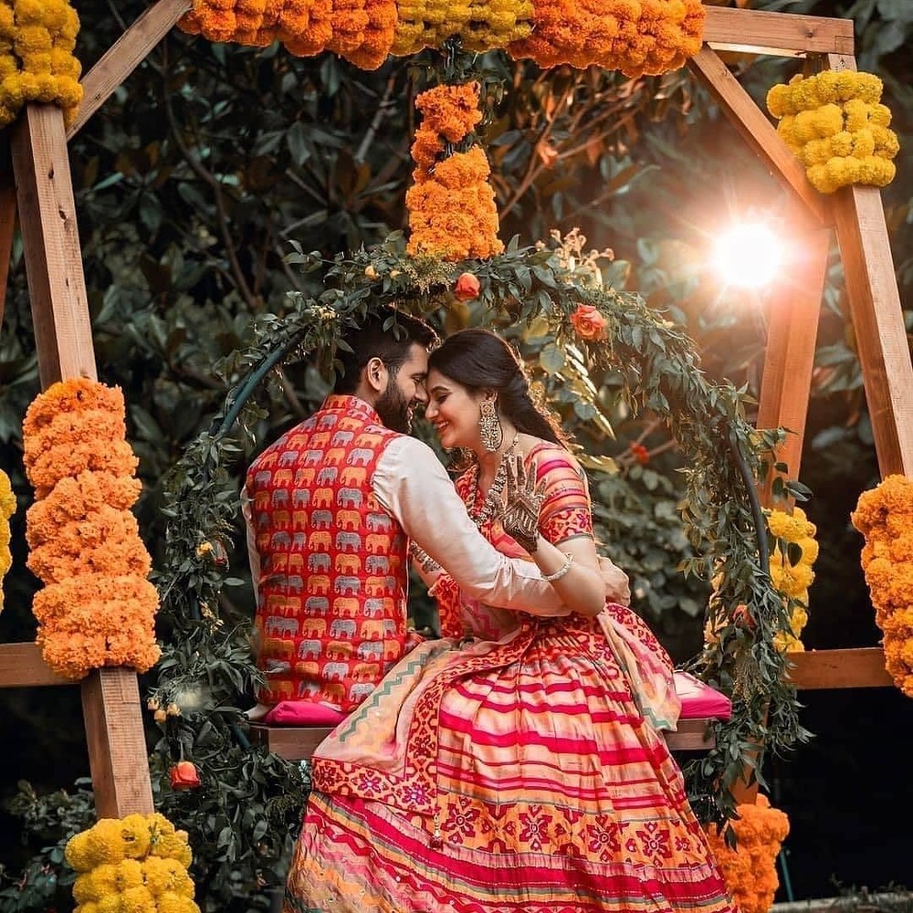 Marigold decoration for couple photoshoot