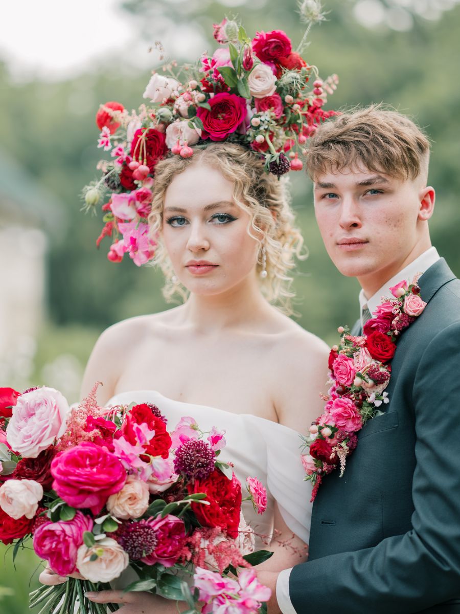 Wedding Couple With Alexandra Farms Garden Rose Design by Nancy Zimmerman
