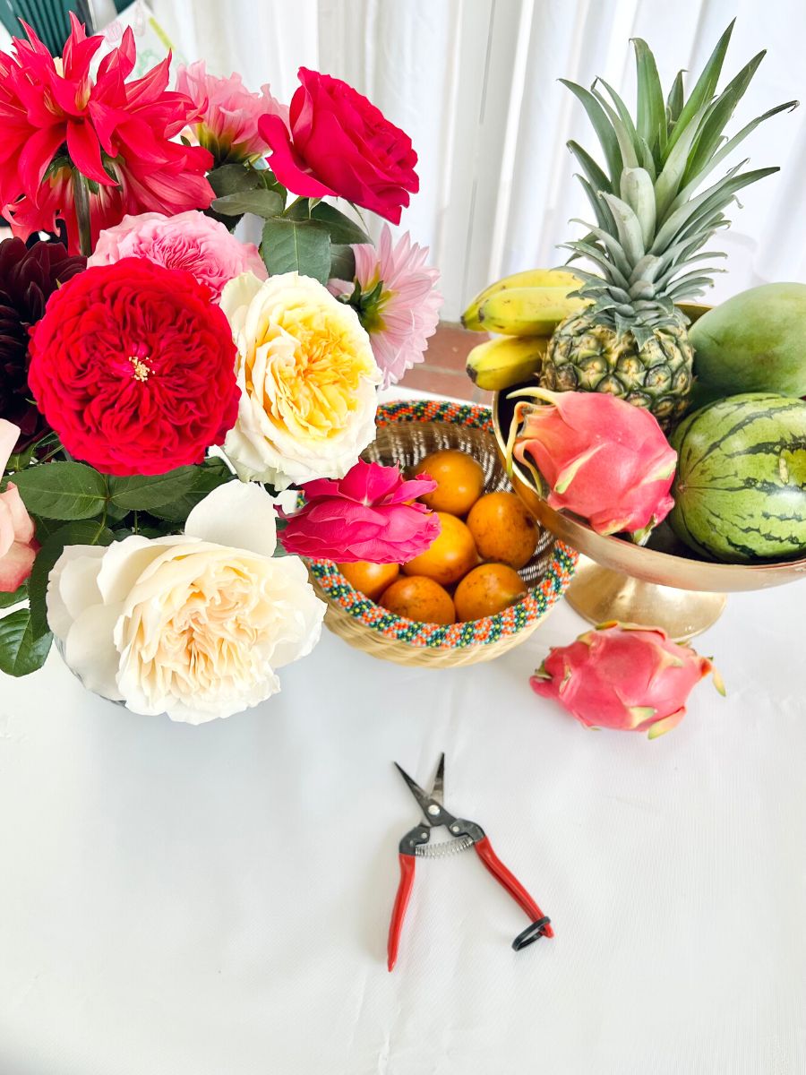 Flower arranging with fruit included