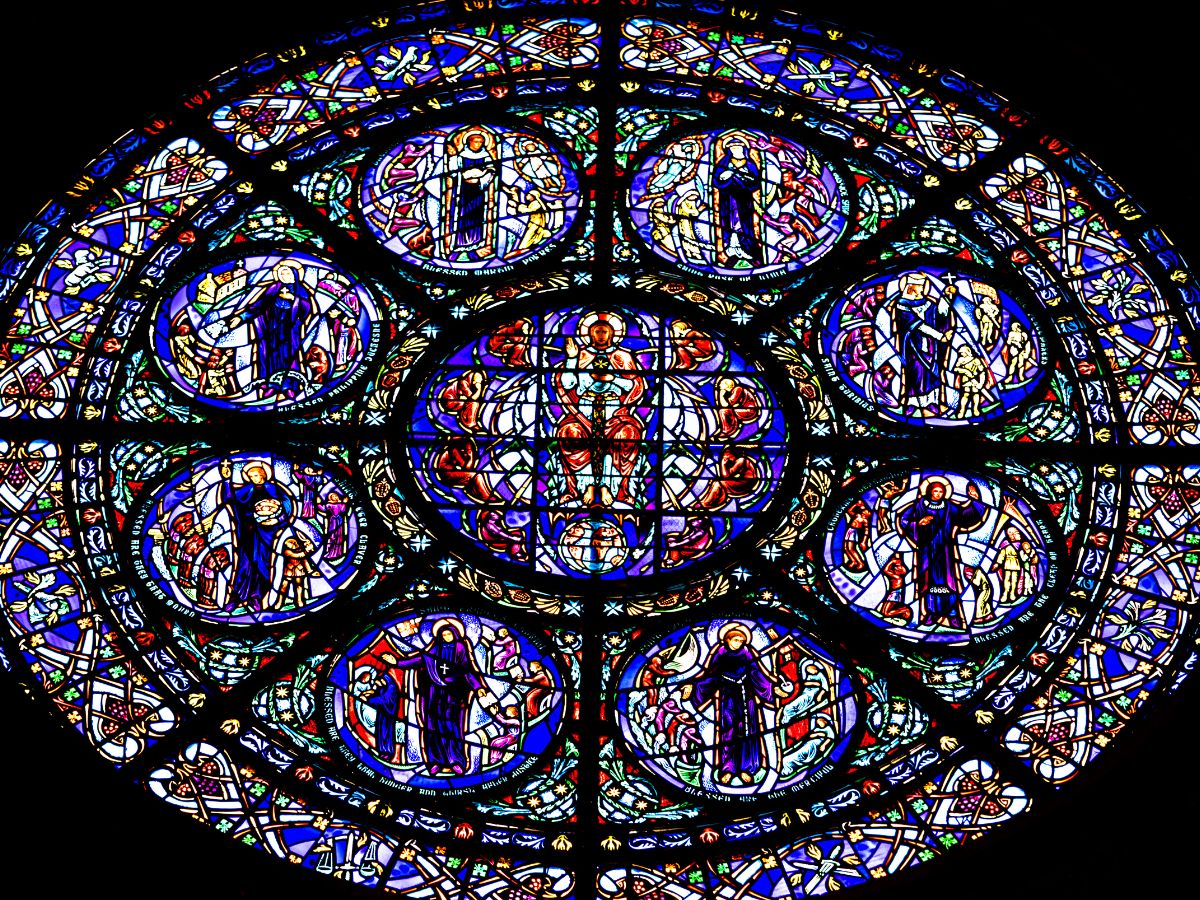 Saints in glass window in a church