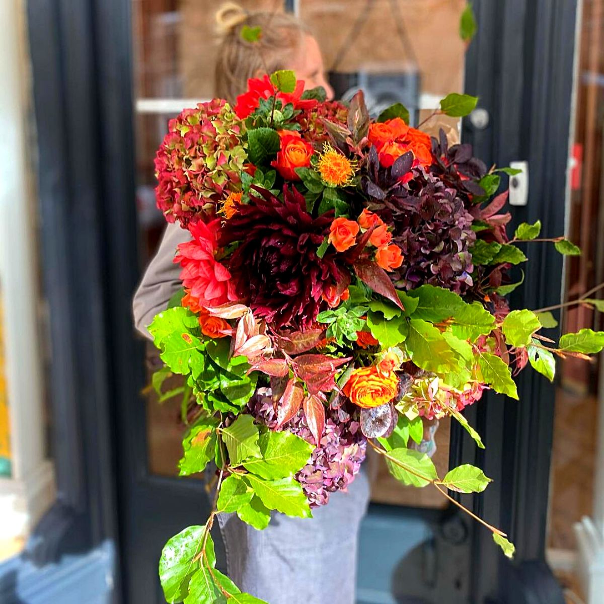 Fall Dried Flower Arrangement, Burgundy Plum Green Fall Florals