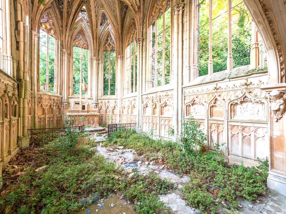 Abandoned church with plants