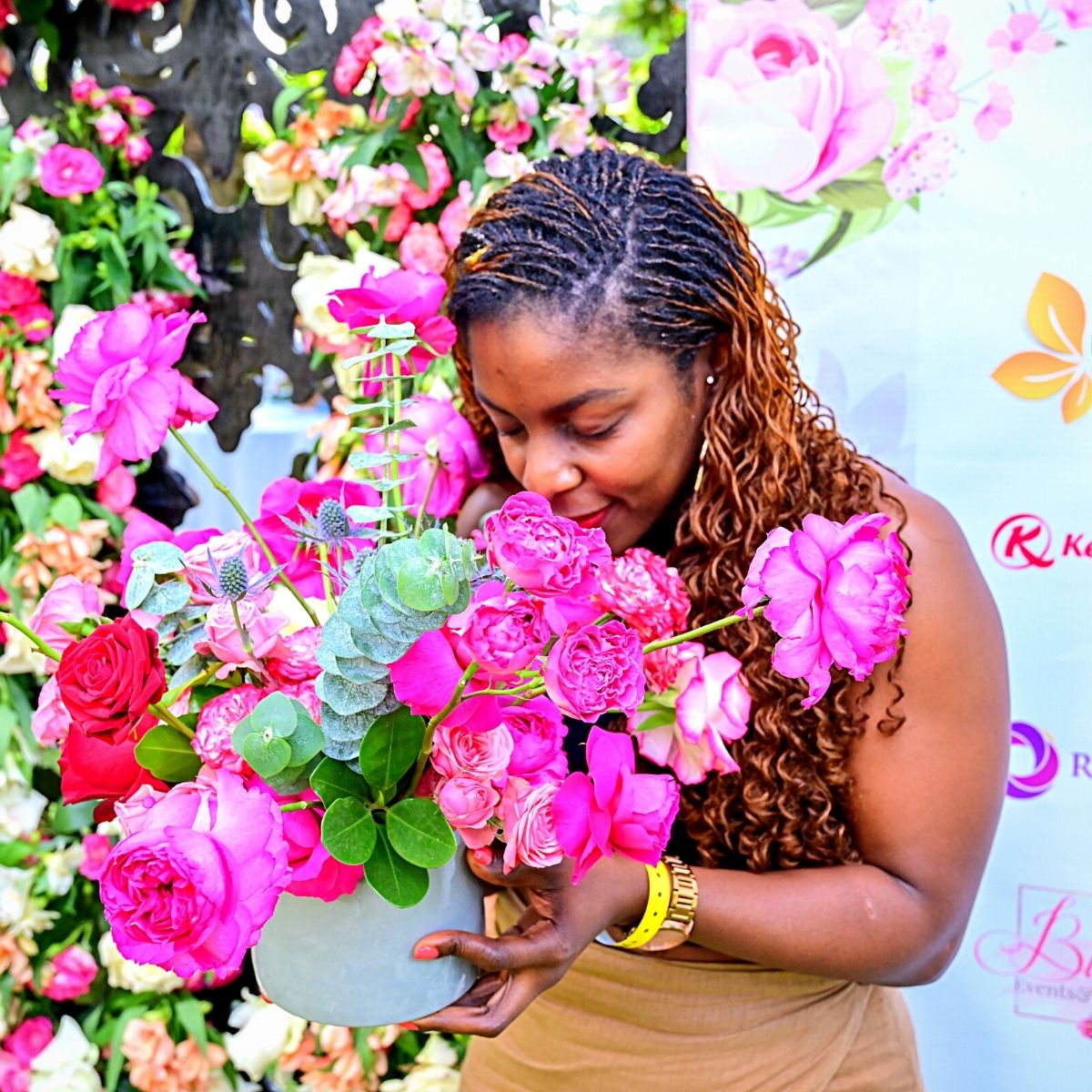 Portrait Of Beautiful Girl In Dress Posing Over Colorful Flowers Background  Stock Photo, Picture and Royalty Free Image. Image 111493744.