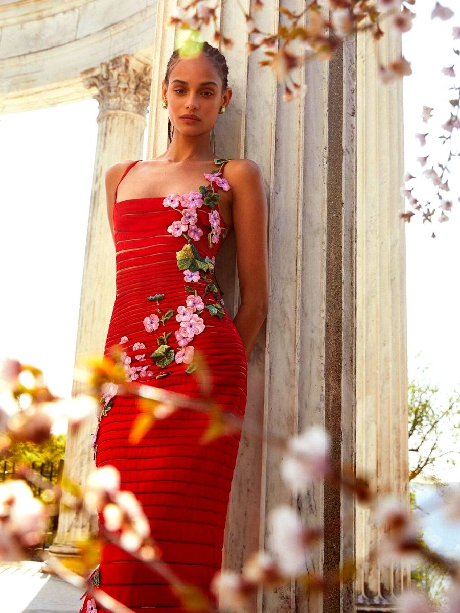 Red dress with pink geraniums