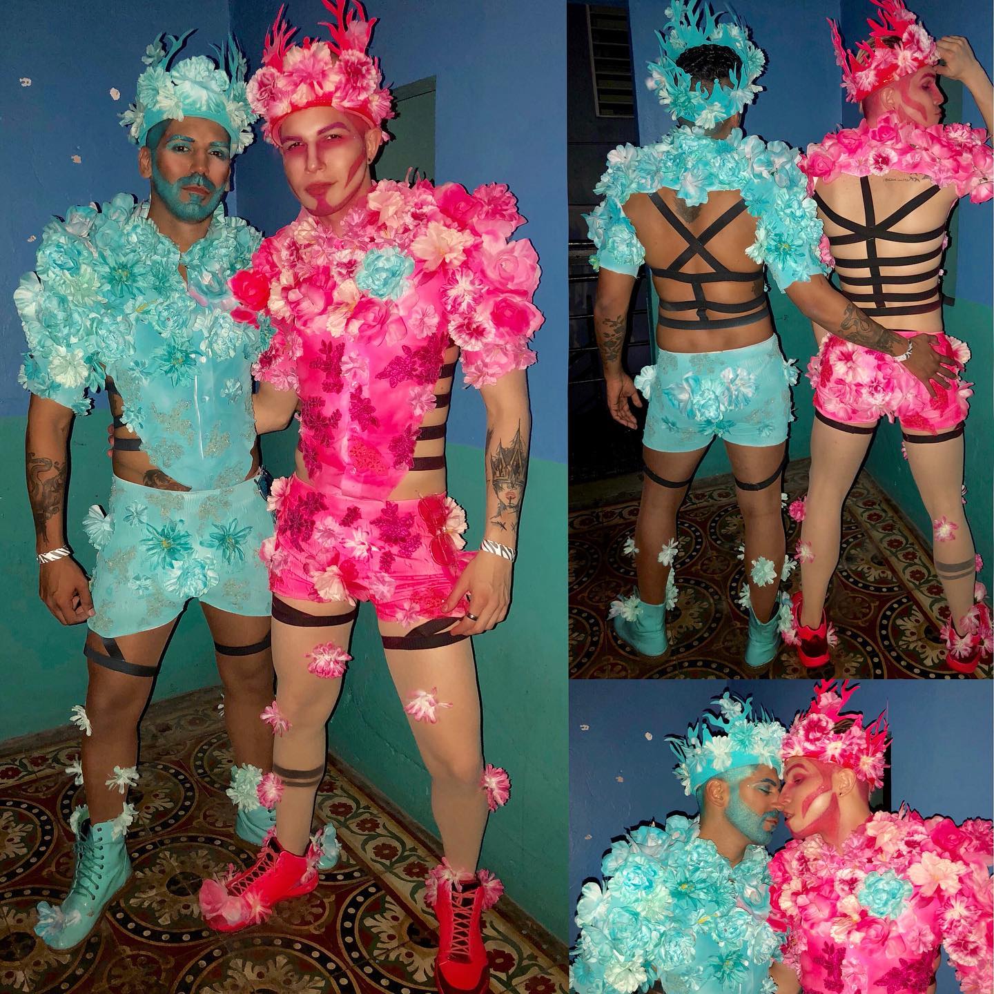 Men in flower costumes for halloween party.