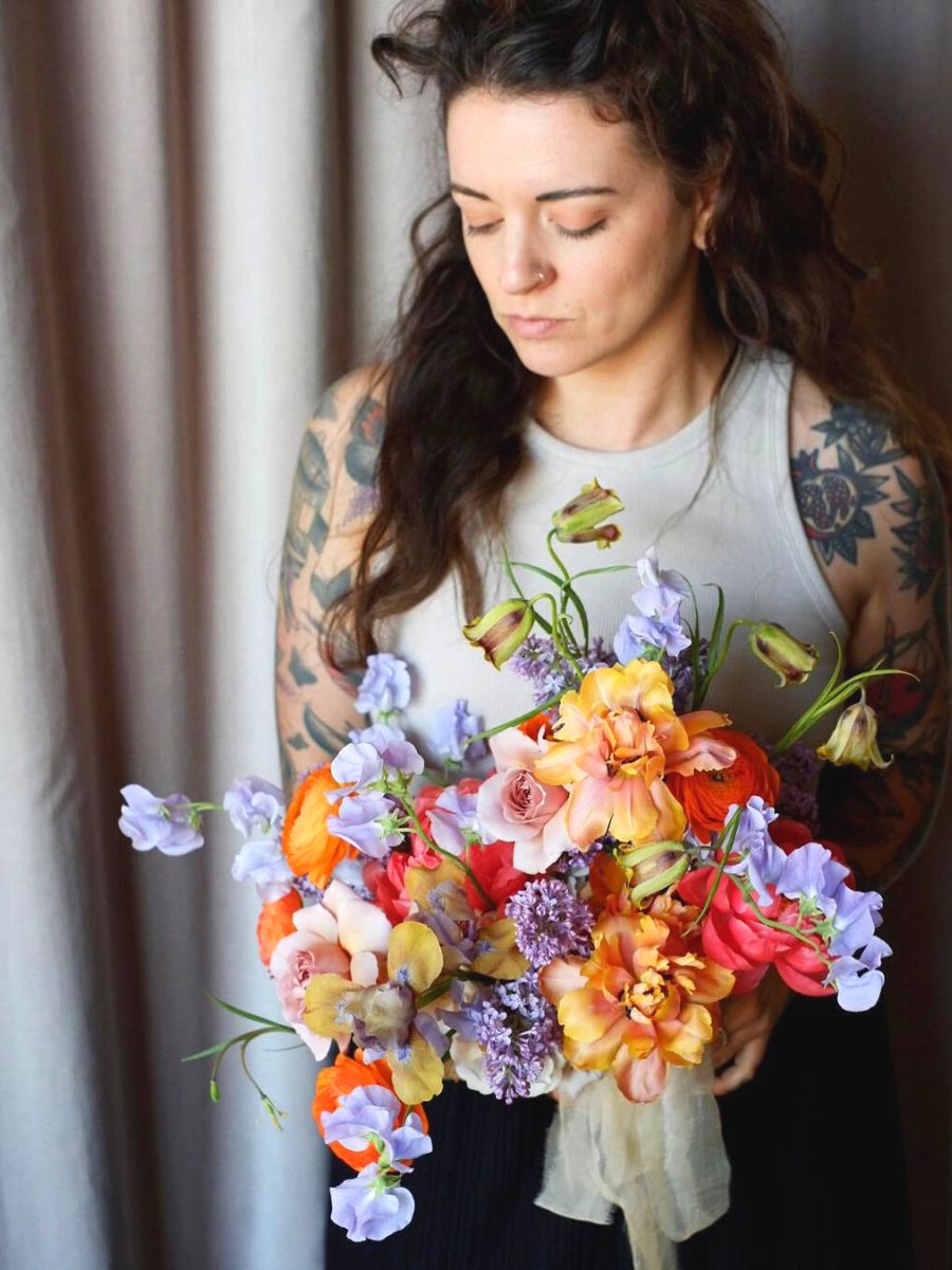 Tellie Hunt with colorful bouquet