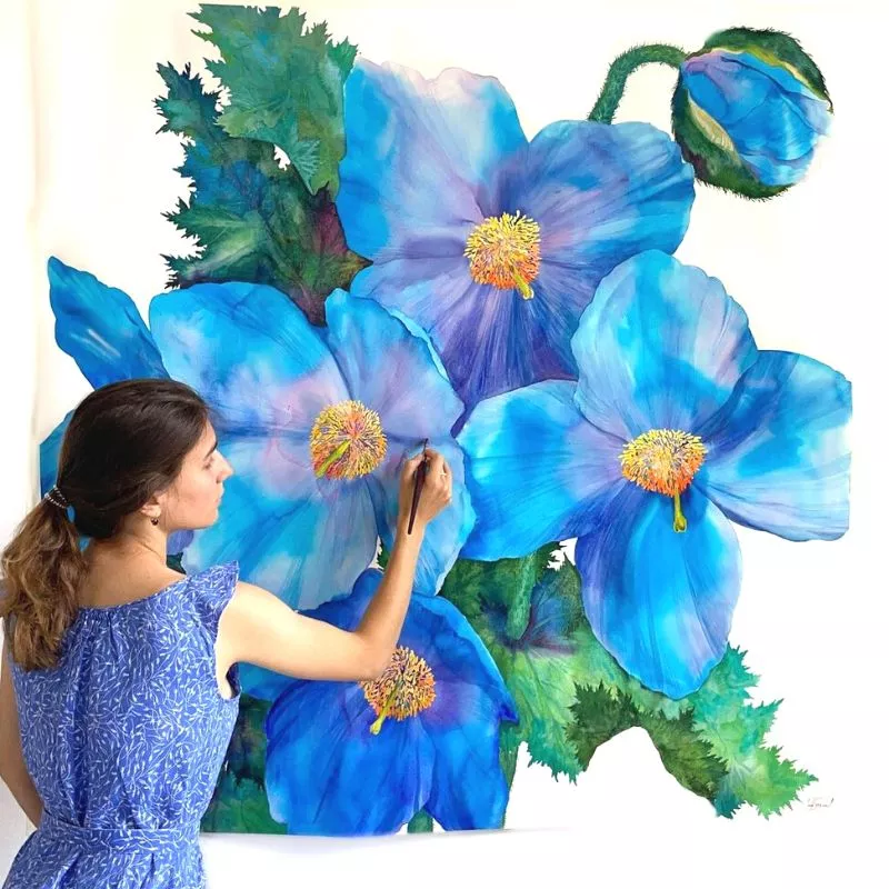 Blue poppy painting by Janet Pulcho