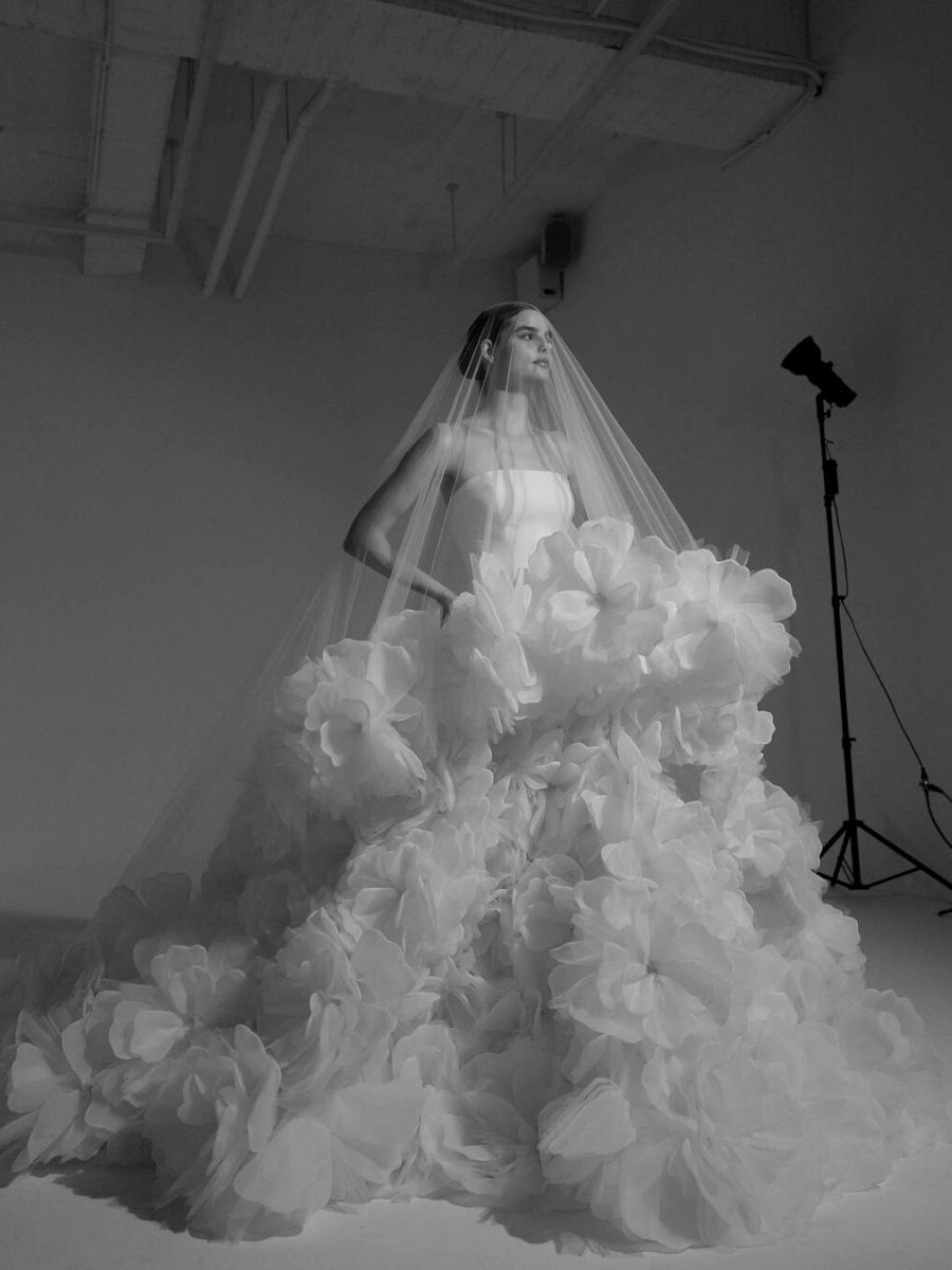 Black and white shot of amazing floral tulle dress