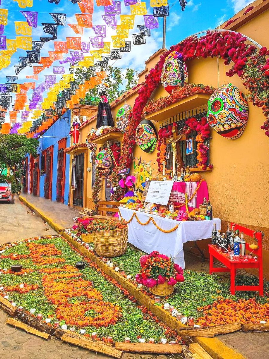 Colorful altar with ofrendas for Day of the Dead